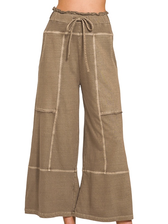 Zenana Pants - #1361 French terry washed exposed-seam wide leg pants